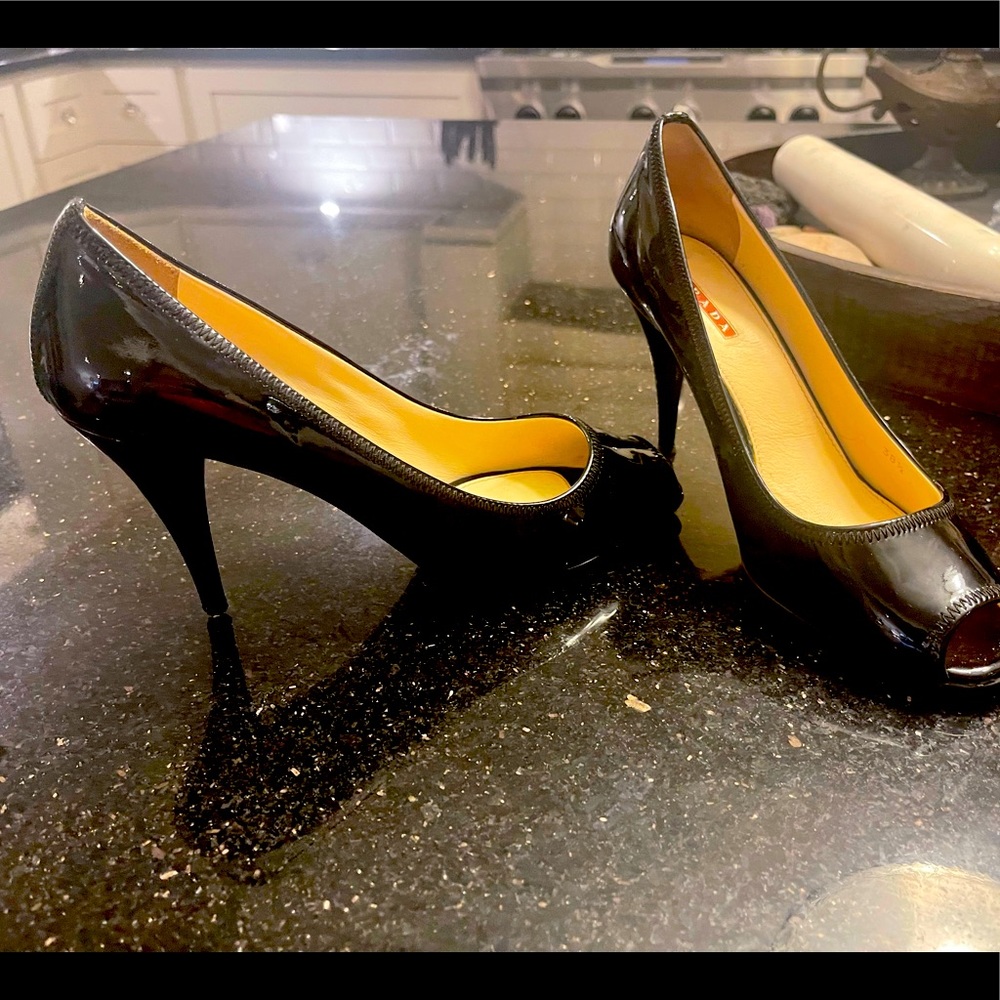 Prada open tor patent leather 3.5 inch heels